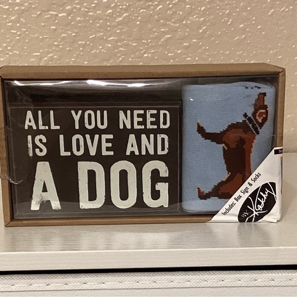 Black and White ‘All You Need is Love and a Dog’ Box Sign with Blue Dog Socks